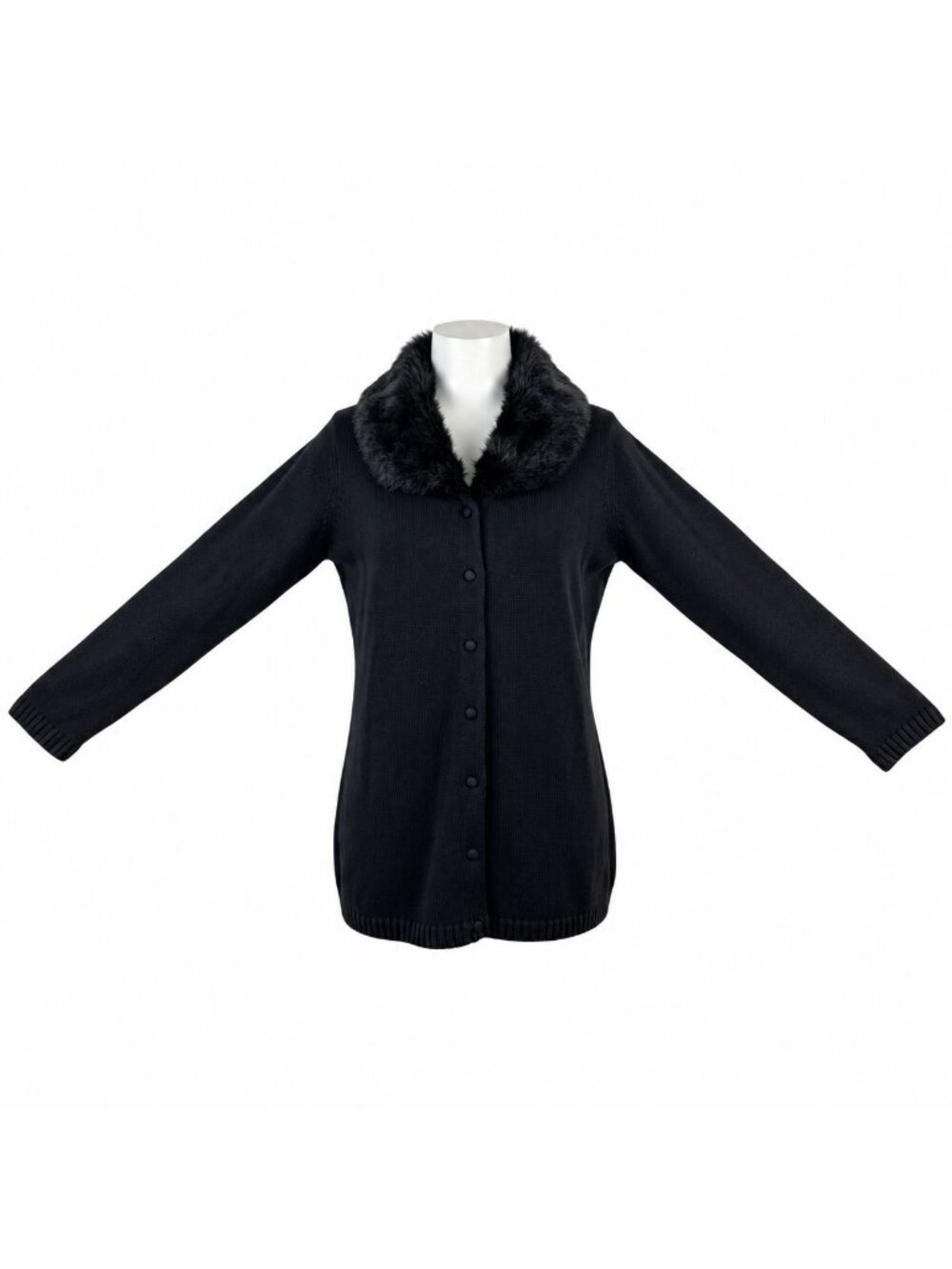 Laura Ashley Womens Black Faux Fur Trim Cardigan Sweater Button Up Knit Size M